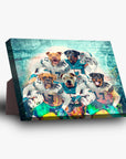 Personalized 'Miami Doggos' canvas with five pets in football jerseys, featuring a sturdy stand.