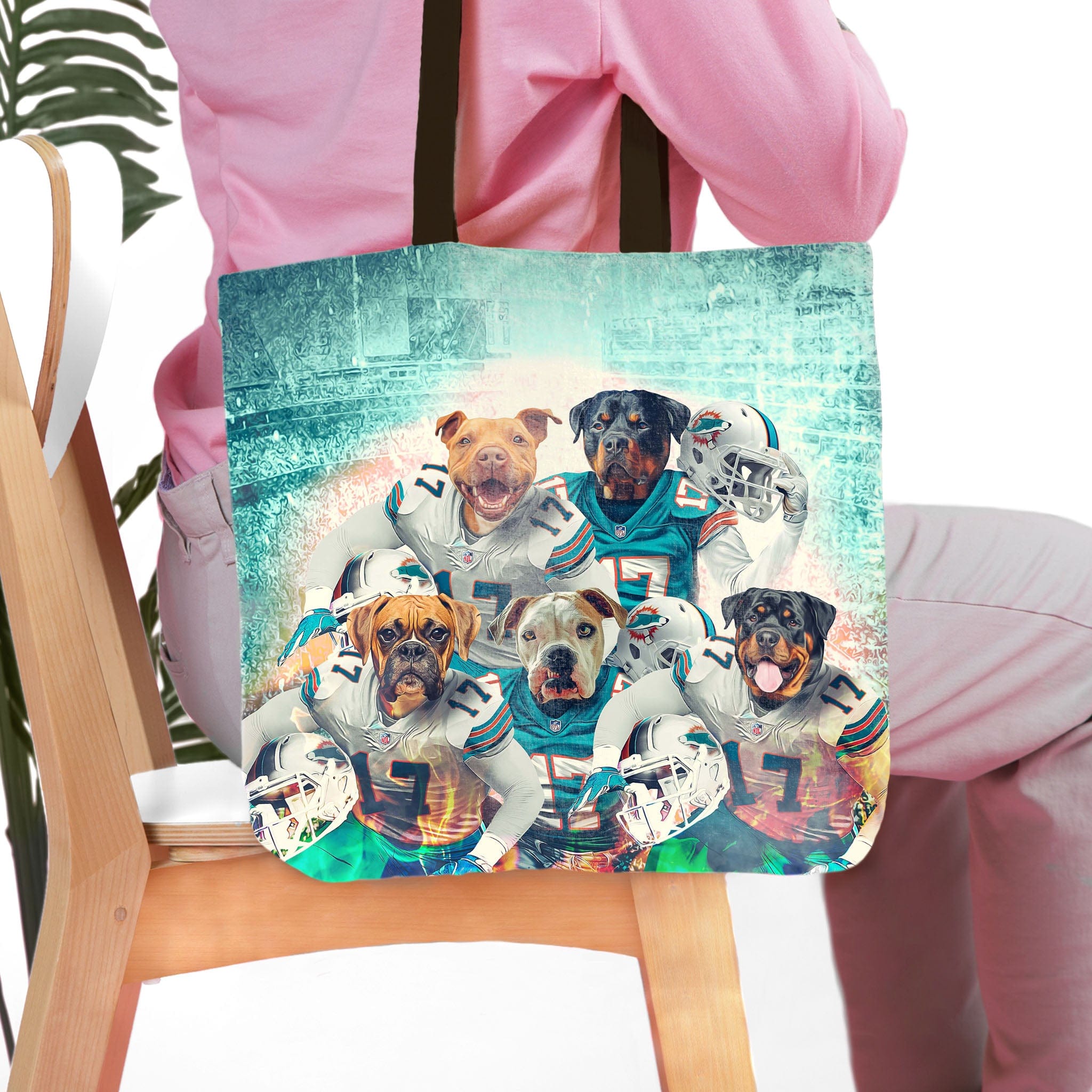 Personalized 5-pet tote bag featuring dogs in football jerseys with a stadium background.
