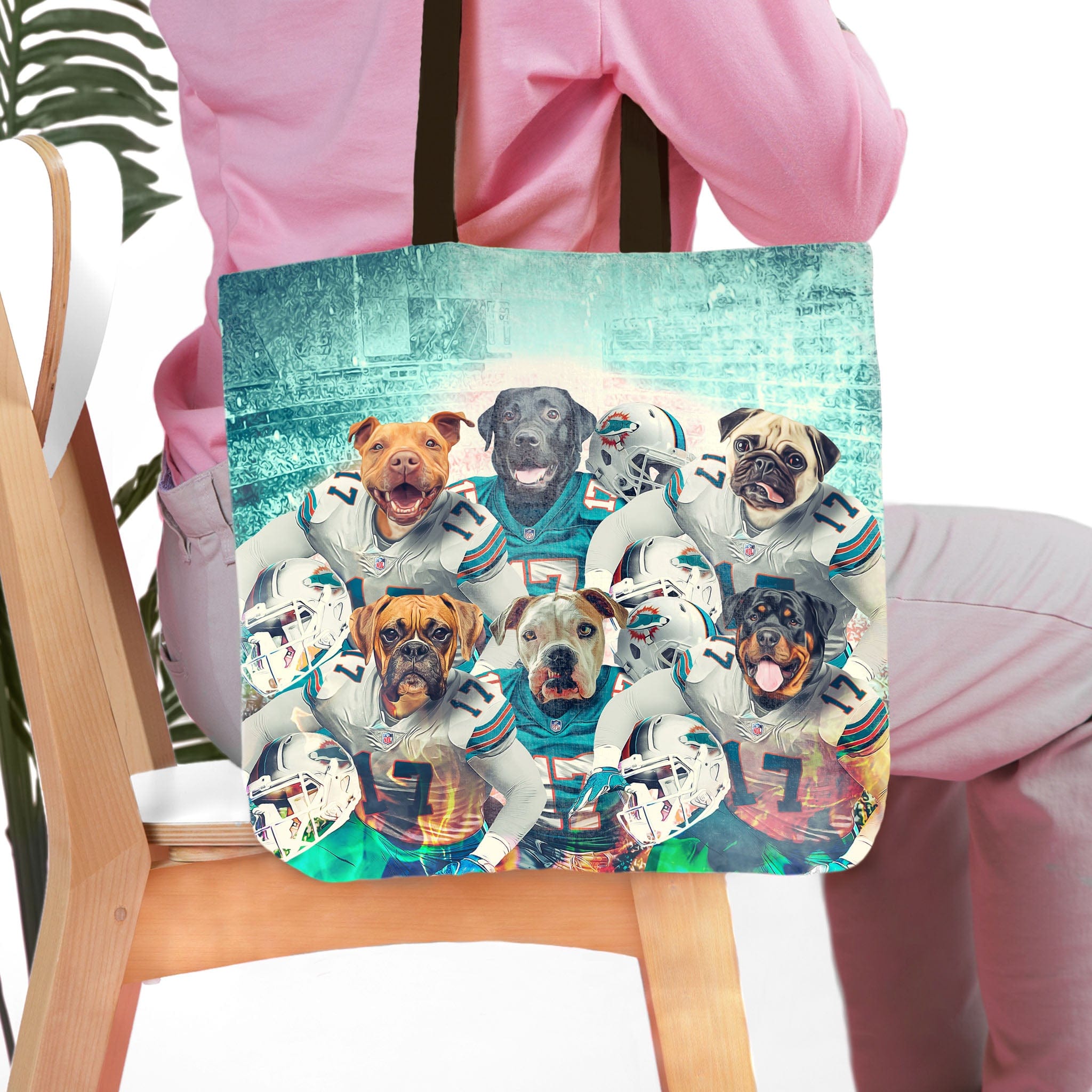 Personalized 6-pet tote bag with dogs in Miami Dolphins football uniforms.