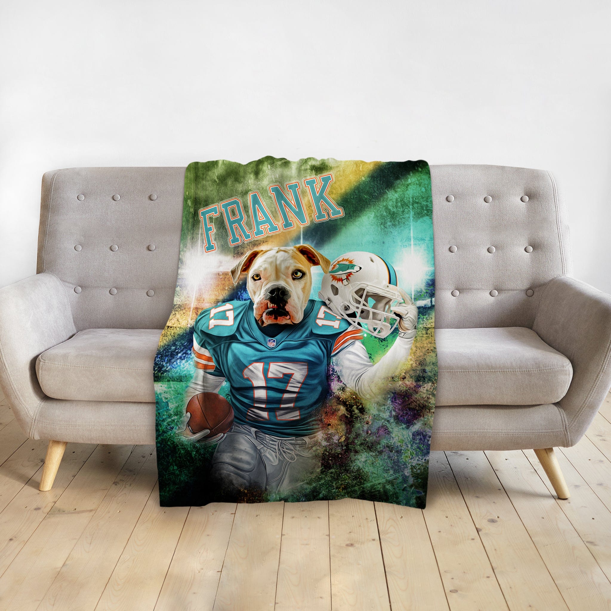 Personalized pet blanket with a dog in a Miami Dolphins football uniform, holding a helmet and ball.