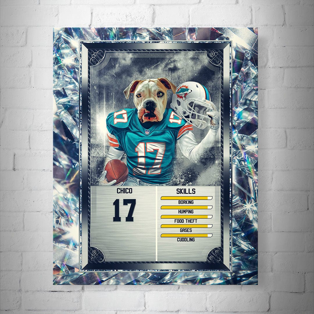 Personalized 8x10" matte poster featuring a dog in a teal football jersey, holding a helmet and ball, framed by sparkling diamonds.