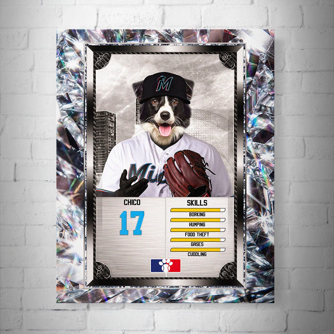 Personalized Miami Marpaws pet baseball trading card poster featuring a Border Collie in a white jersey, red glove, and M-logo cap, framed by sparkling diamonds.