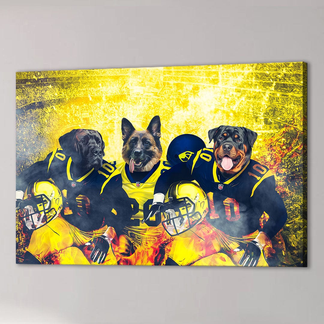 Personalized 3-pet canvas featuring dogs in blue and yellow football uniforms against a fiery yellow background.