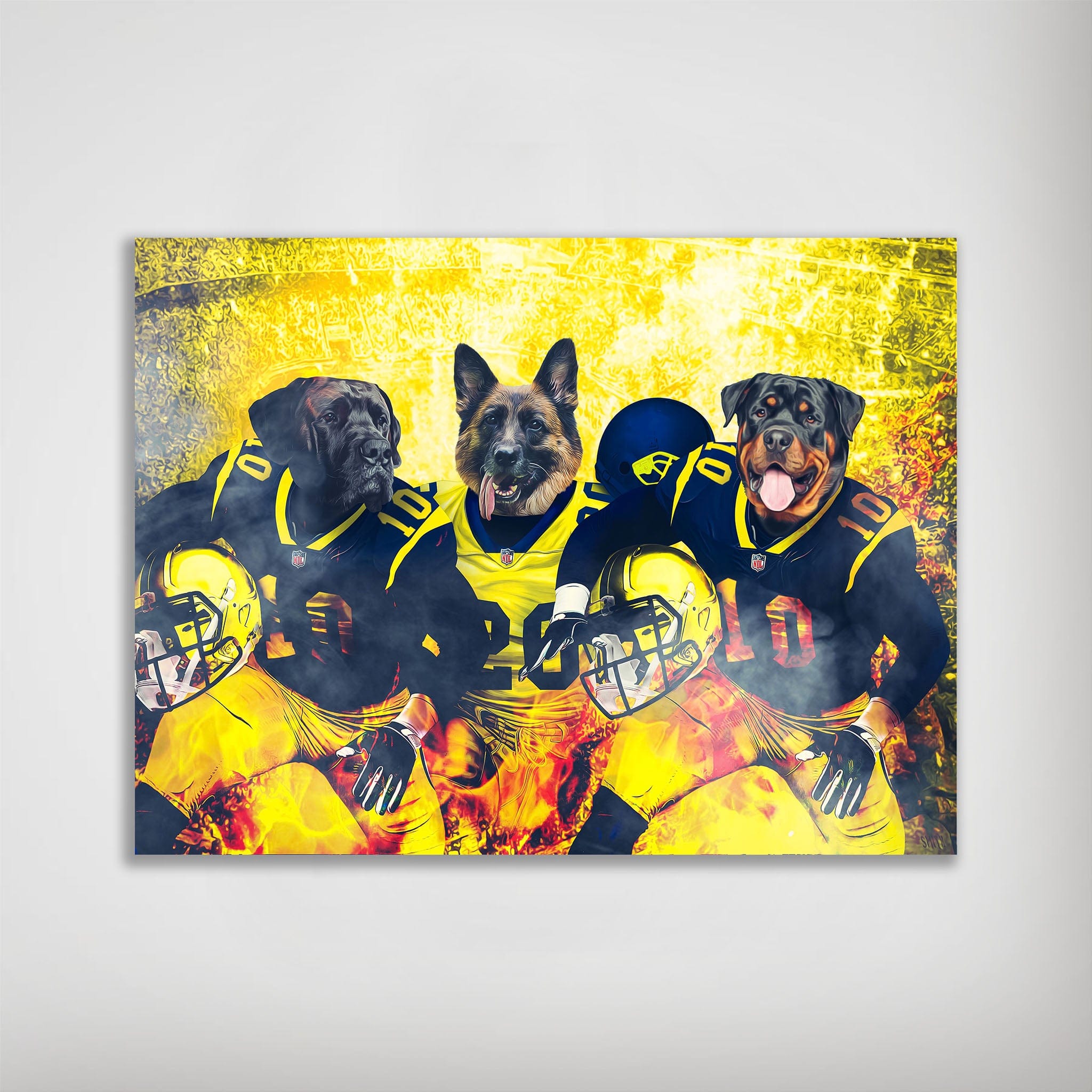 Personalized 'Michigan Doggos' poster featuring three pets as football players in blue and yellow uniforms.