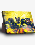 Personalized 3-pet standing canvas featuring dogs in Michigan football jerseys against a yellow, fiery background.