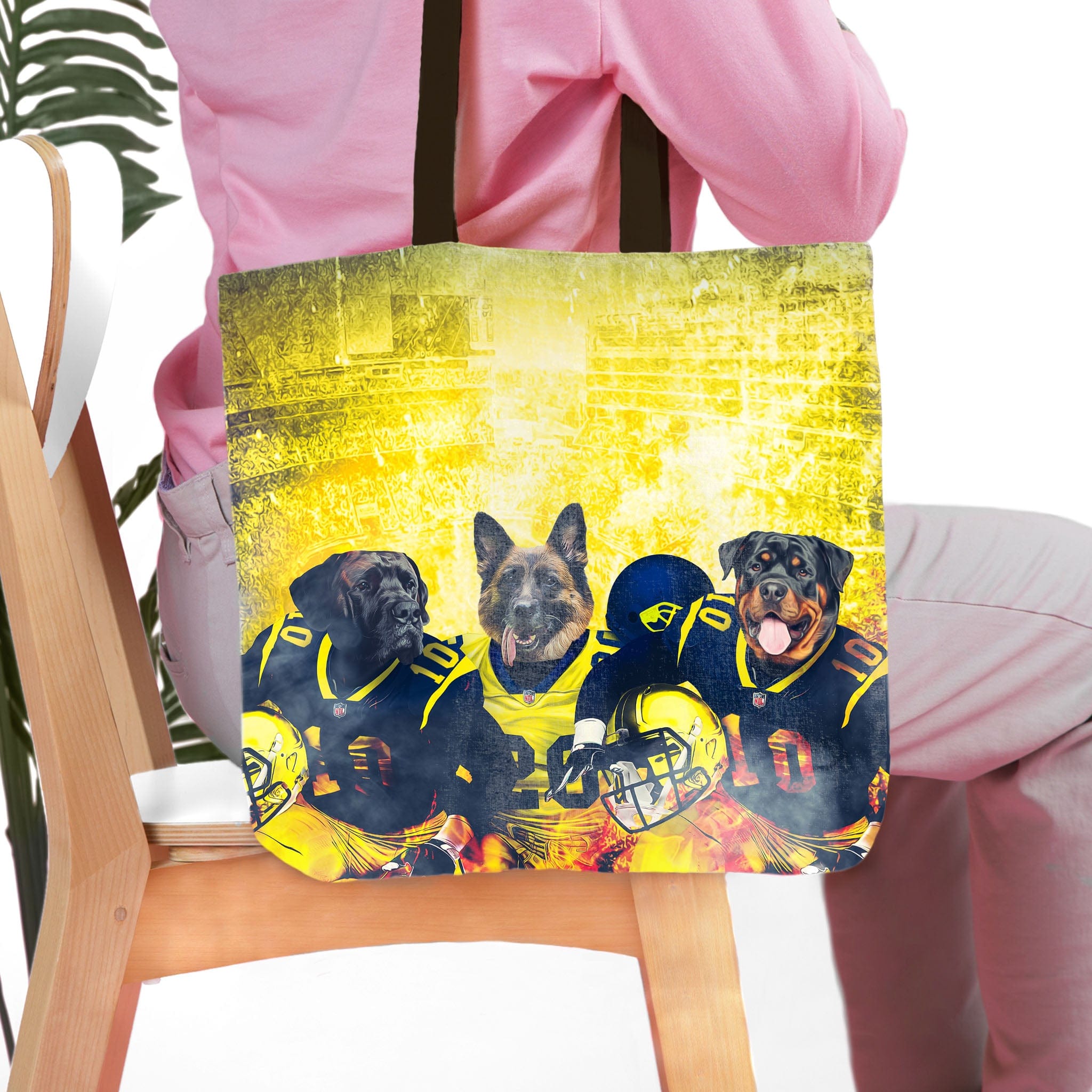 Personalized 3-pet tote bag with dogs in Michigan football uniforms on a yellow background.