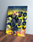 Custom 4-pet canvas featuring dogs in blue and yellow football uniforms with helmets and fiery effects.