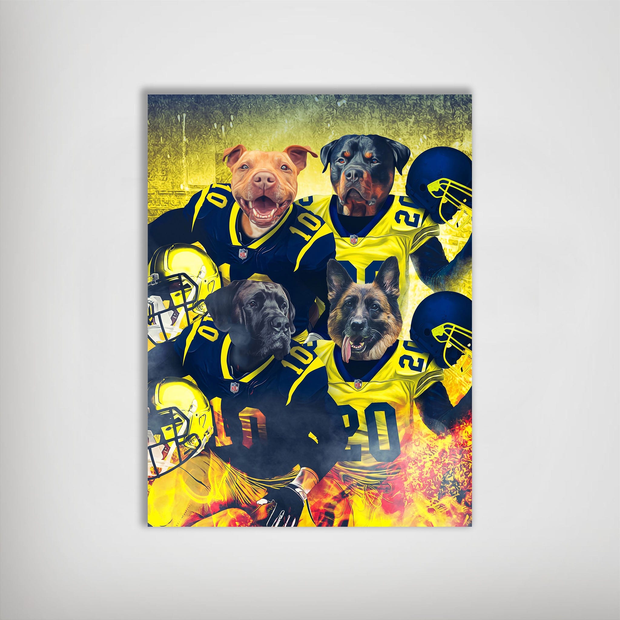 Personalized 4-pet poster featuring dogs in blue and yellow football jerseys with helmets and fiery effects.