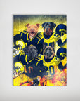 Personalized 4-pet poster featuring dogs in blue and yellow football jerseys with helmets and fiery effects.