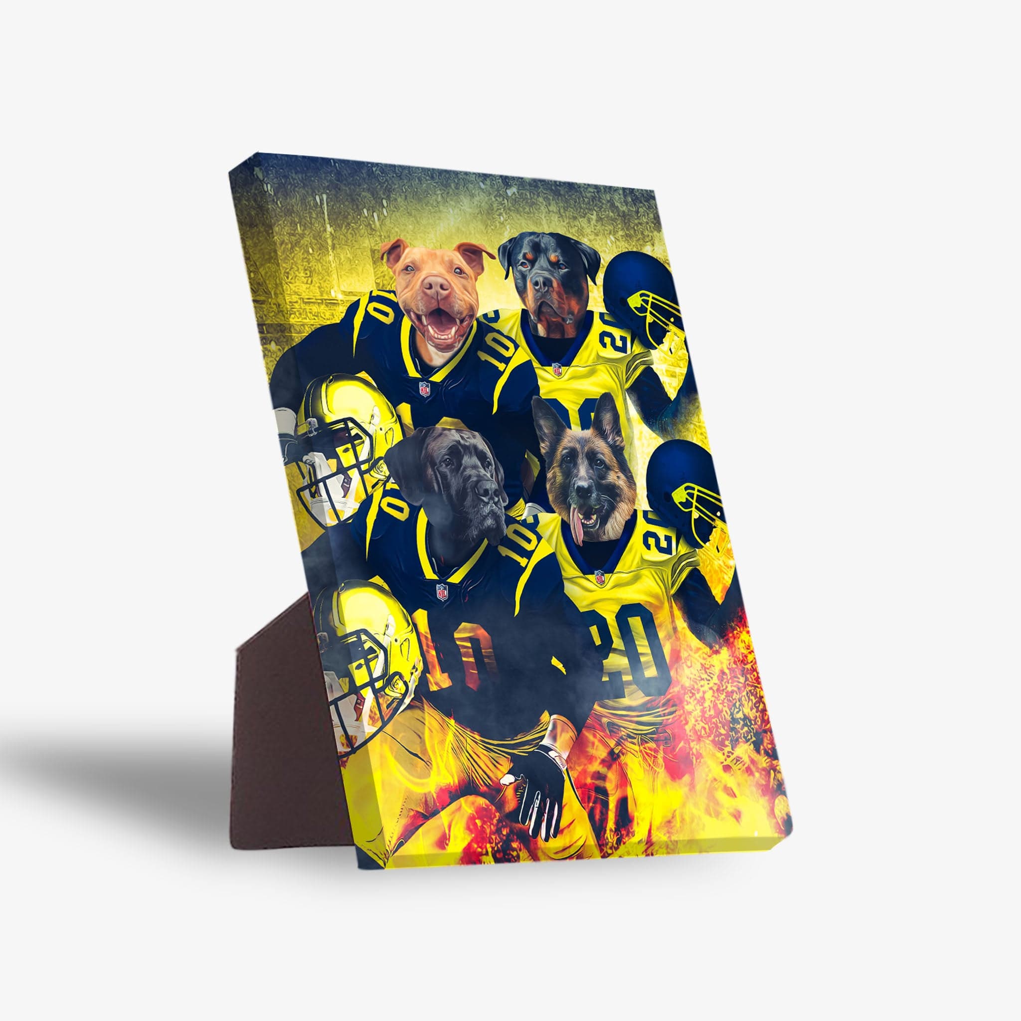 Personalized 'Michigan Doggos' standing canvas featuring four pets as football players in blue and yellow uniforms.