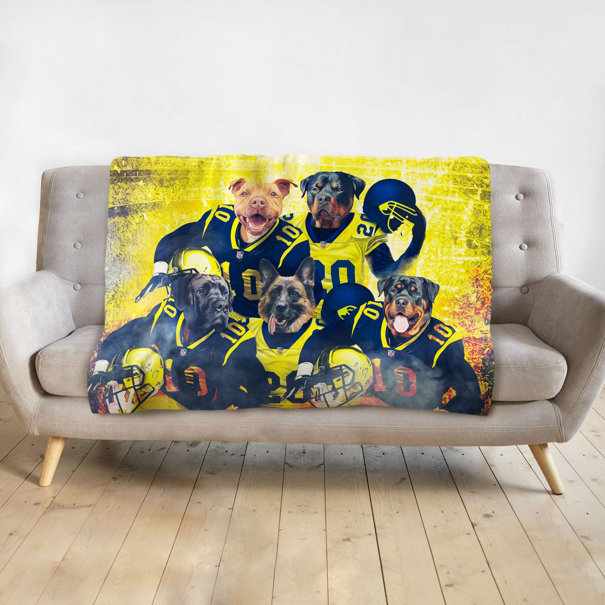 Personalized 5-pet blanket with dogs in blue and yellow football uniforms on a distressed yellow background.