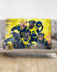 Personalized 5-pet blanket with dogs in blue and yellow football uniforms on a distressed yellow background.