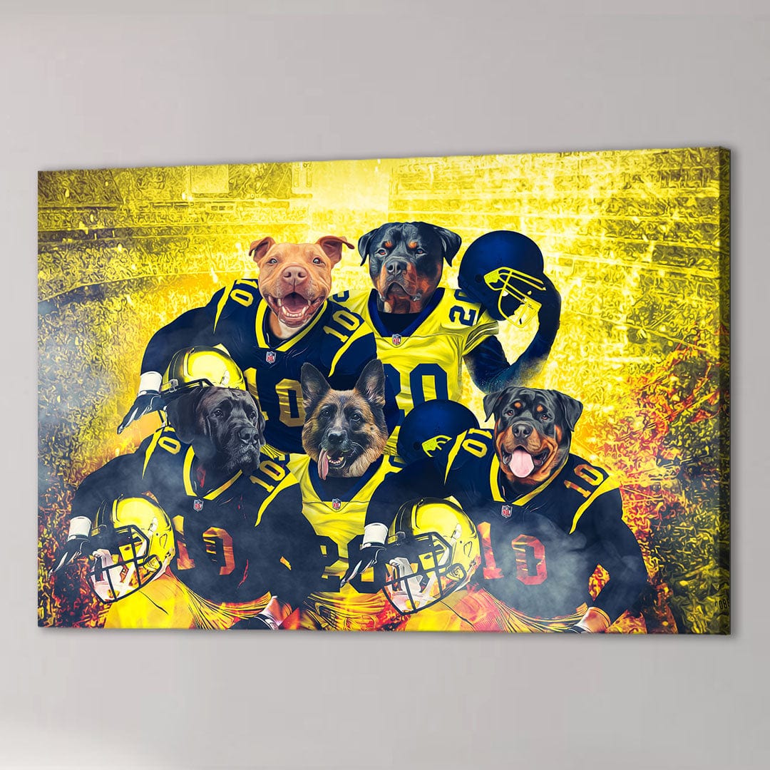 Custom 5-pet canvas featuring dogs in blue and yellow football uniforms on a vibrant yellow field.