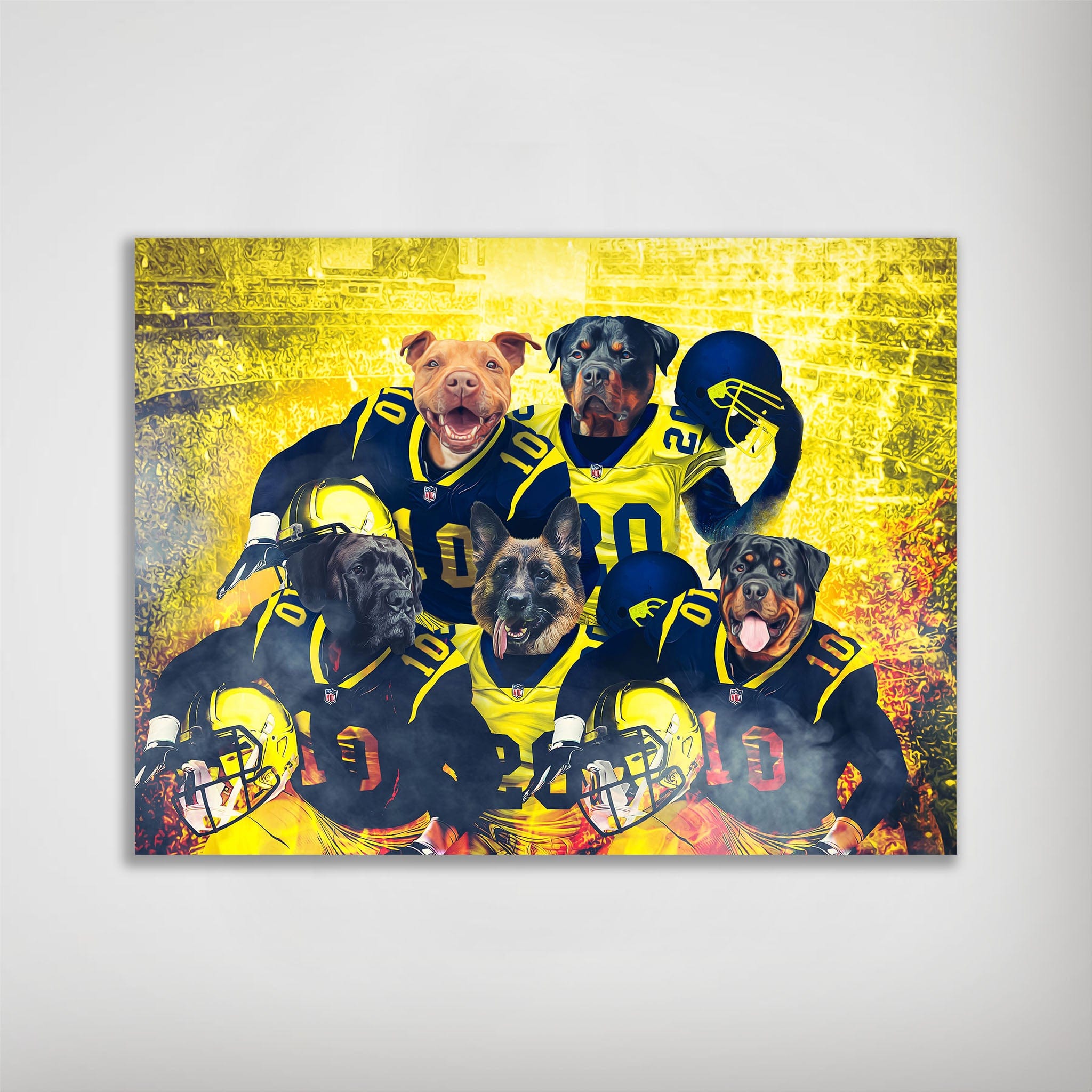 Personalized poster featuring five dogs in blue and yellow football uniforms with helmets, against a fiery yellow background.
