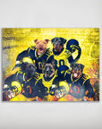 Personalized poster featuring five dogs in blue and yellow football uniforms with helmets, against a fiery yellow background.