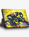 Personalized 'Michigan Doggos' standing canvas featuring five pets as football players in yellow and blue uniforms.