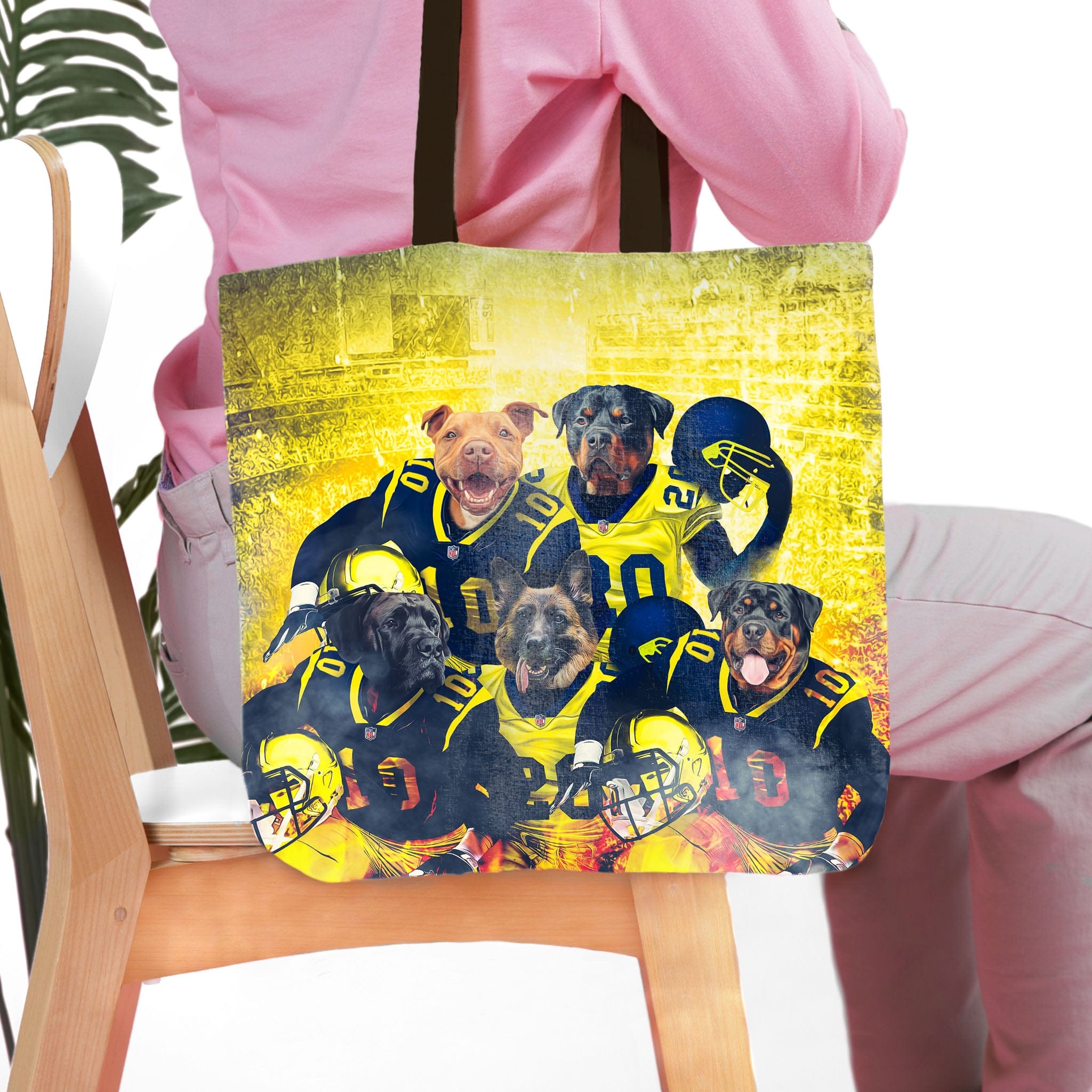 Personalized 5-pet dog portrait tote bag with dogs in football uniforms.