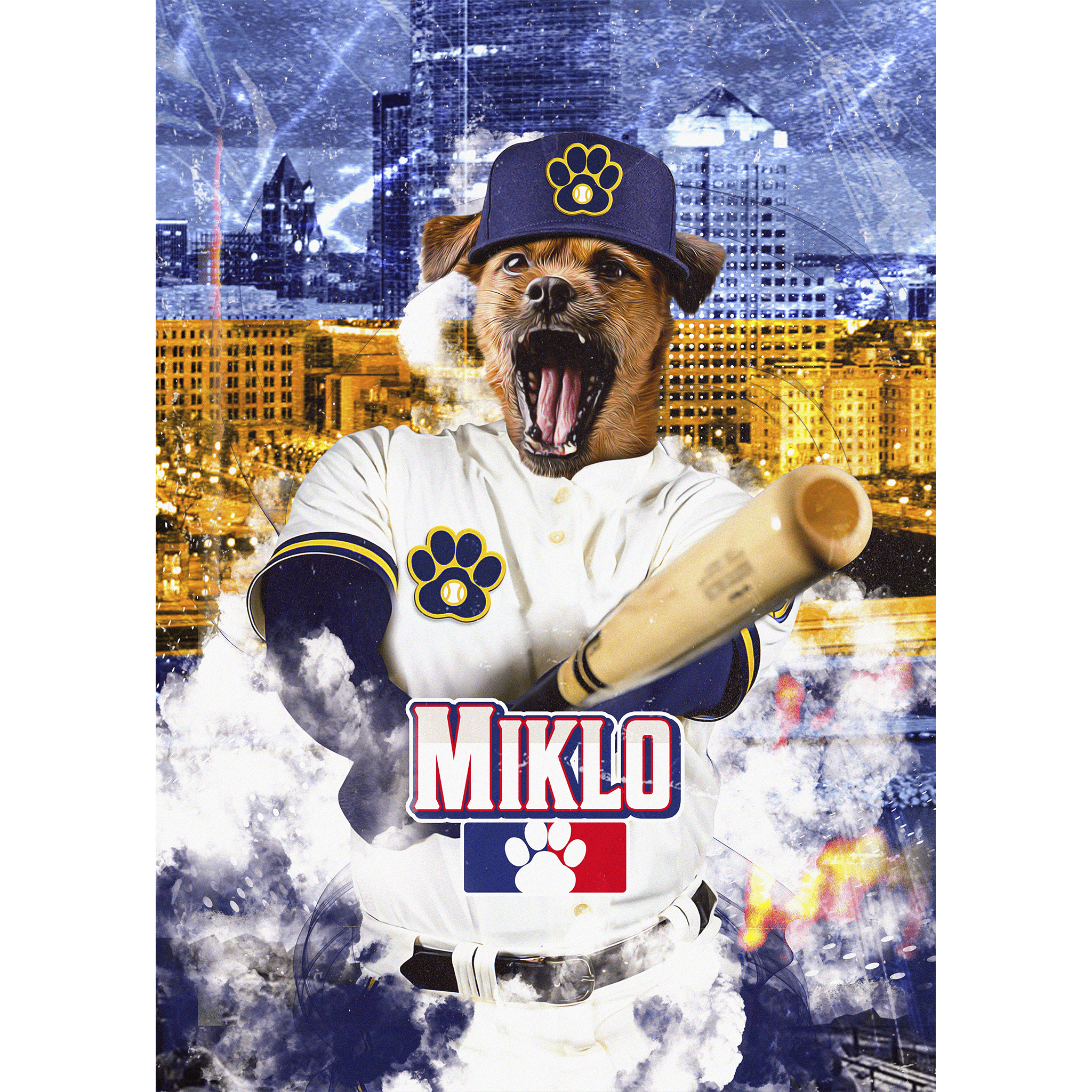Personalized digital portrait of a dog in a baseball uniform with a city skyline background.