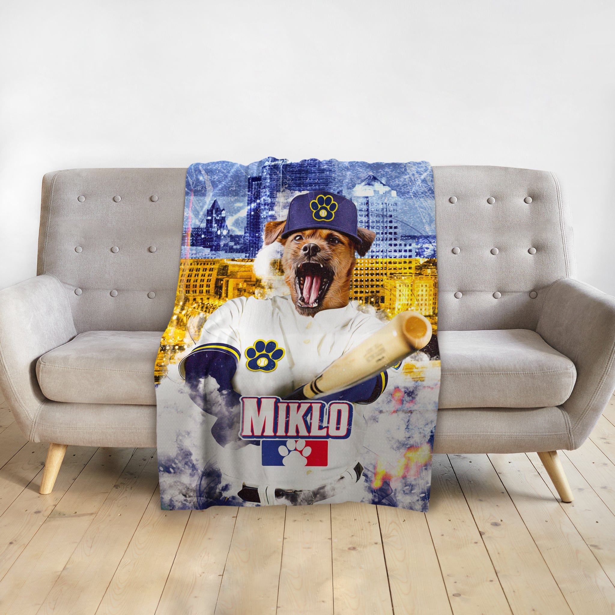 Personalized pet blanket featuring a dog in a baseball uniform with "MIKLO" and a city skyline.