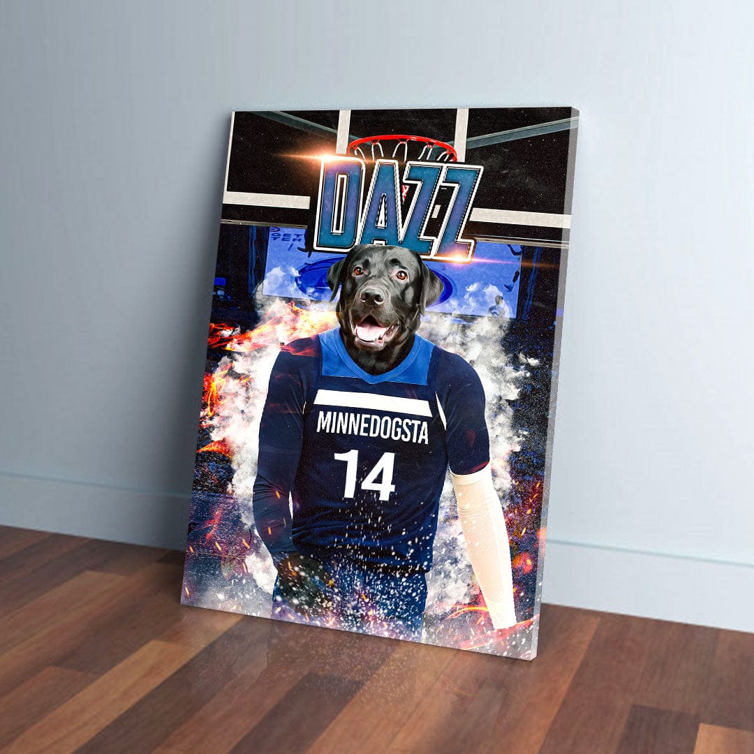 Personalized 'Minnedogsta Timberdogs' pet canvas featuring a black dog in a blue basketball jersey.