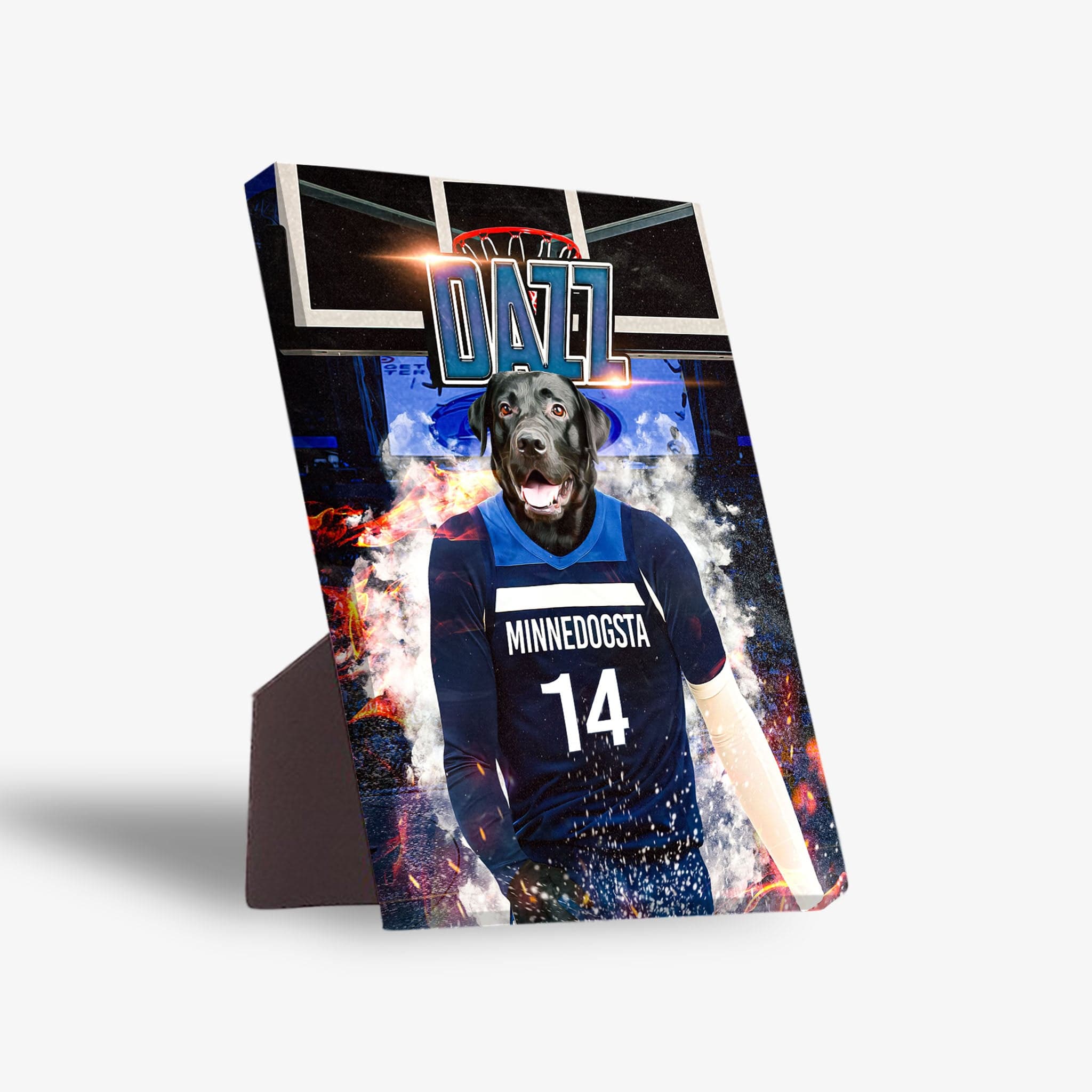 Personalized Minnedogsta Timberdogs standing canvas featuring a black lab in a blue basketball jersey.