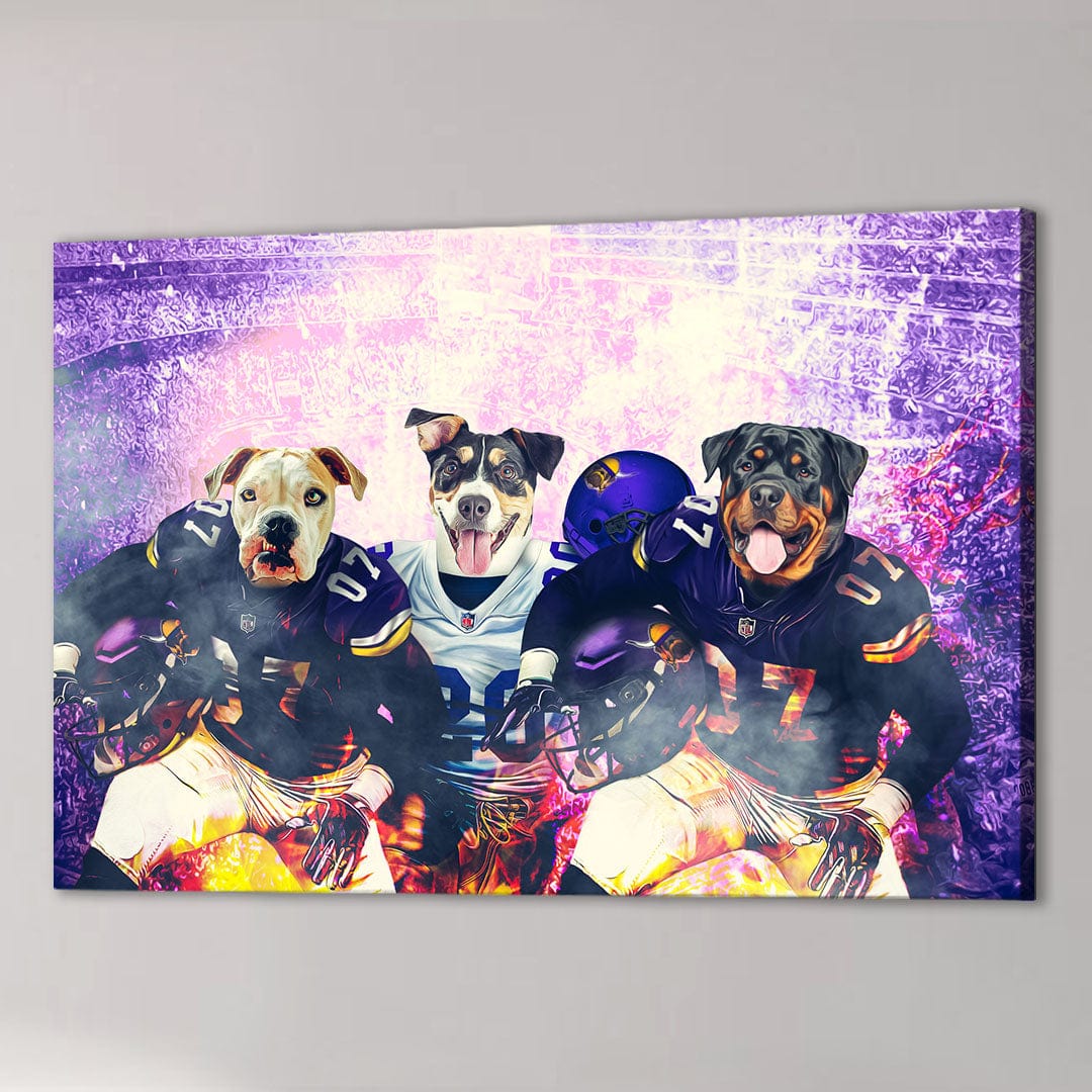 Custom canvas of three dogs in Minnesota Vikings football uniforms, purple stadium background.