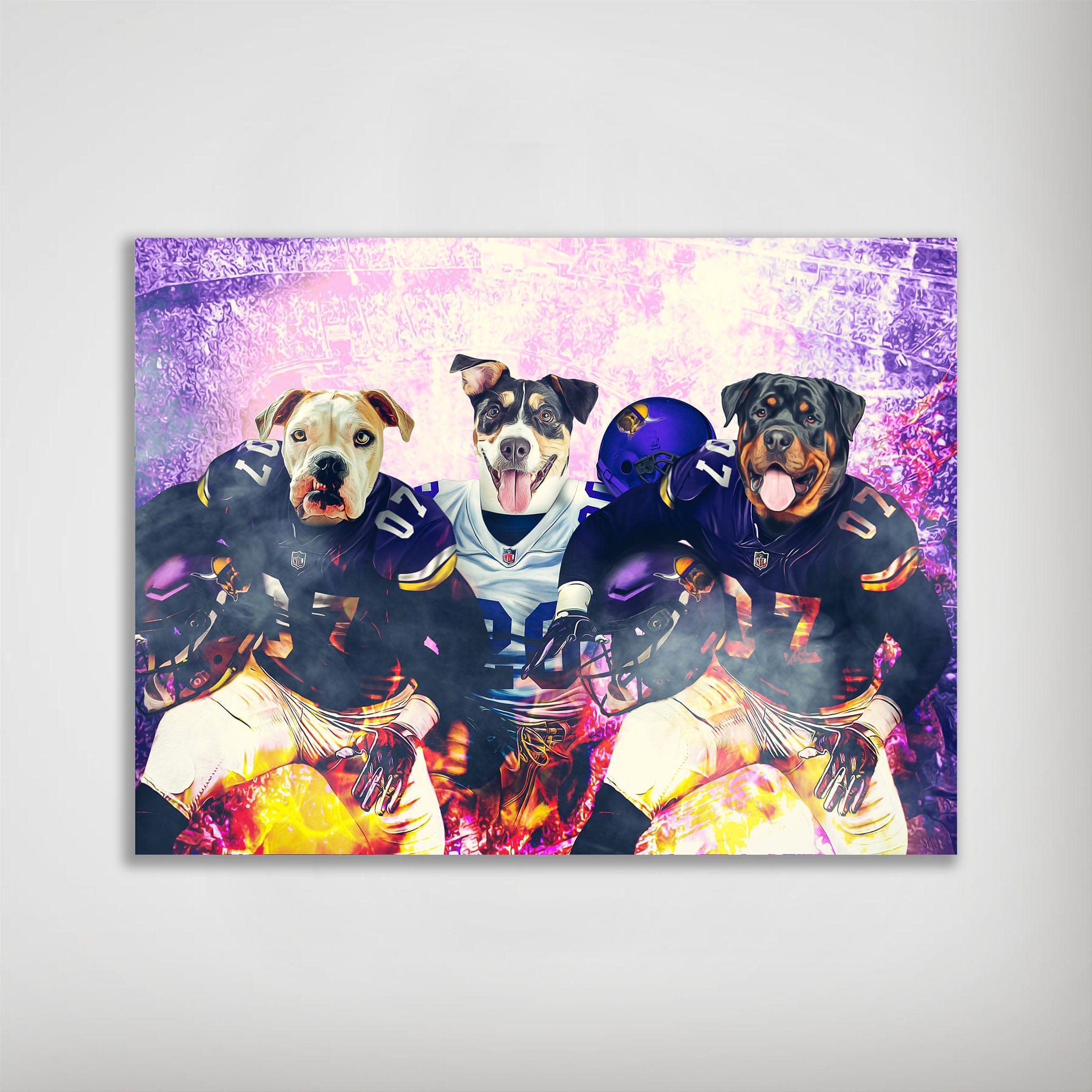 Personalized 3-pet poster featuring dogs in purple and white football uniforms with helmets.