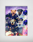 Personalized poster featuring four dogs in purple and white football jerseys and helmets.