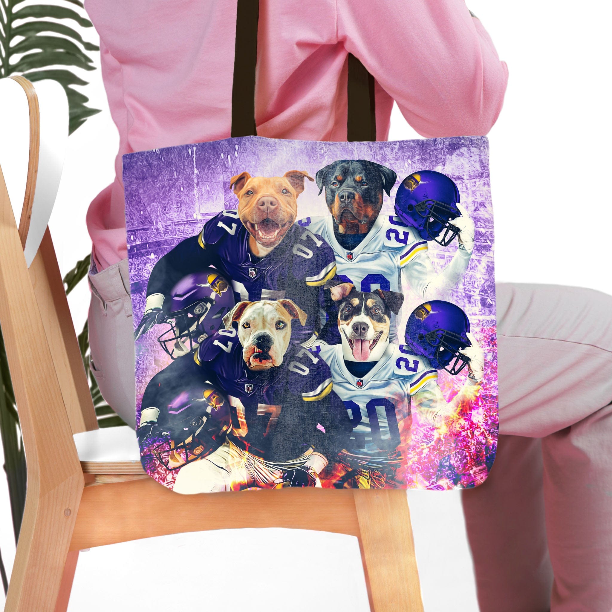 Personalized 4-pet tote bag with dogs in Minnesota football jerseys.