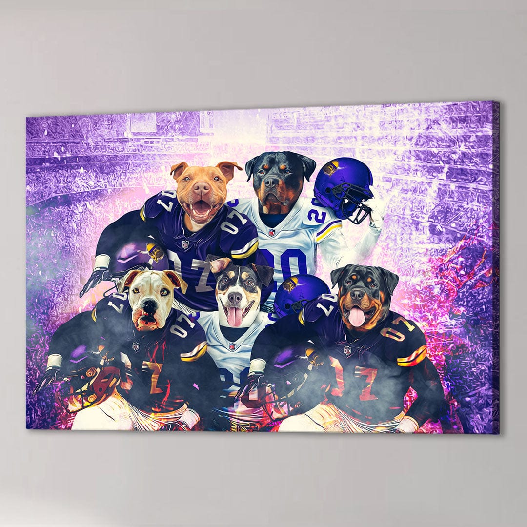 Custom canvas print of five dogs in Minnesota Vikings football uniforms on a purple stadium background.
