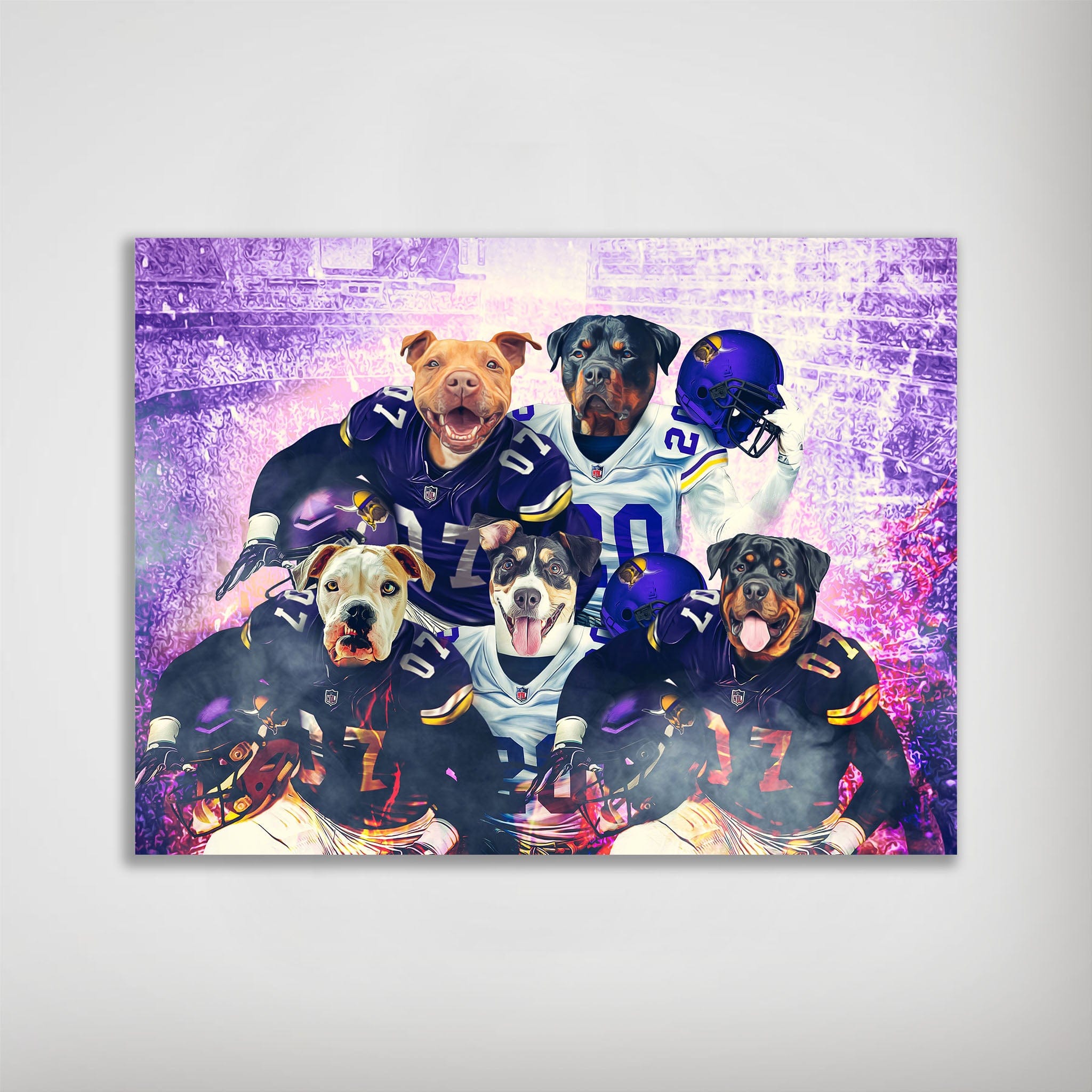 Personalized poster featuring five dogs in Minnesota Vikings football uniforms against a purple stadium backdrop.