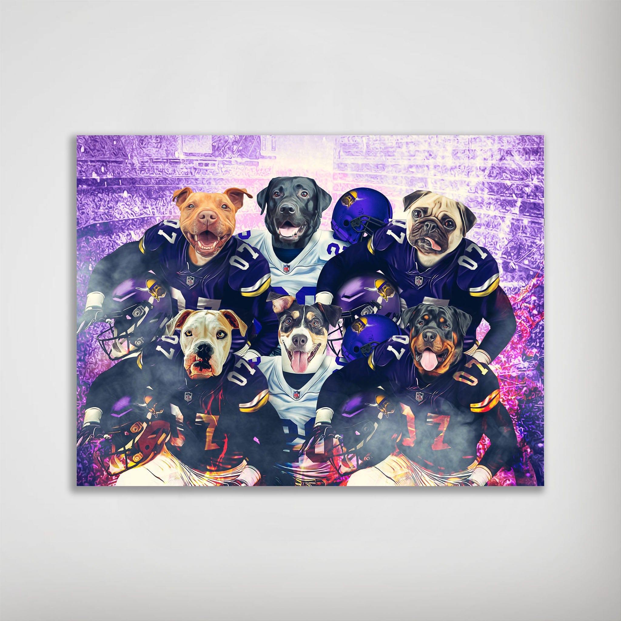 Personalized 6-pet poster featuring dogs in purple and white football uniforms against a stadium backdrop.