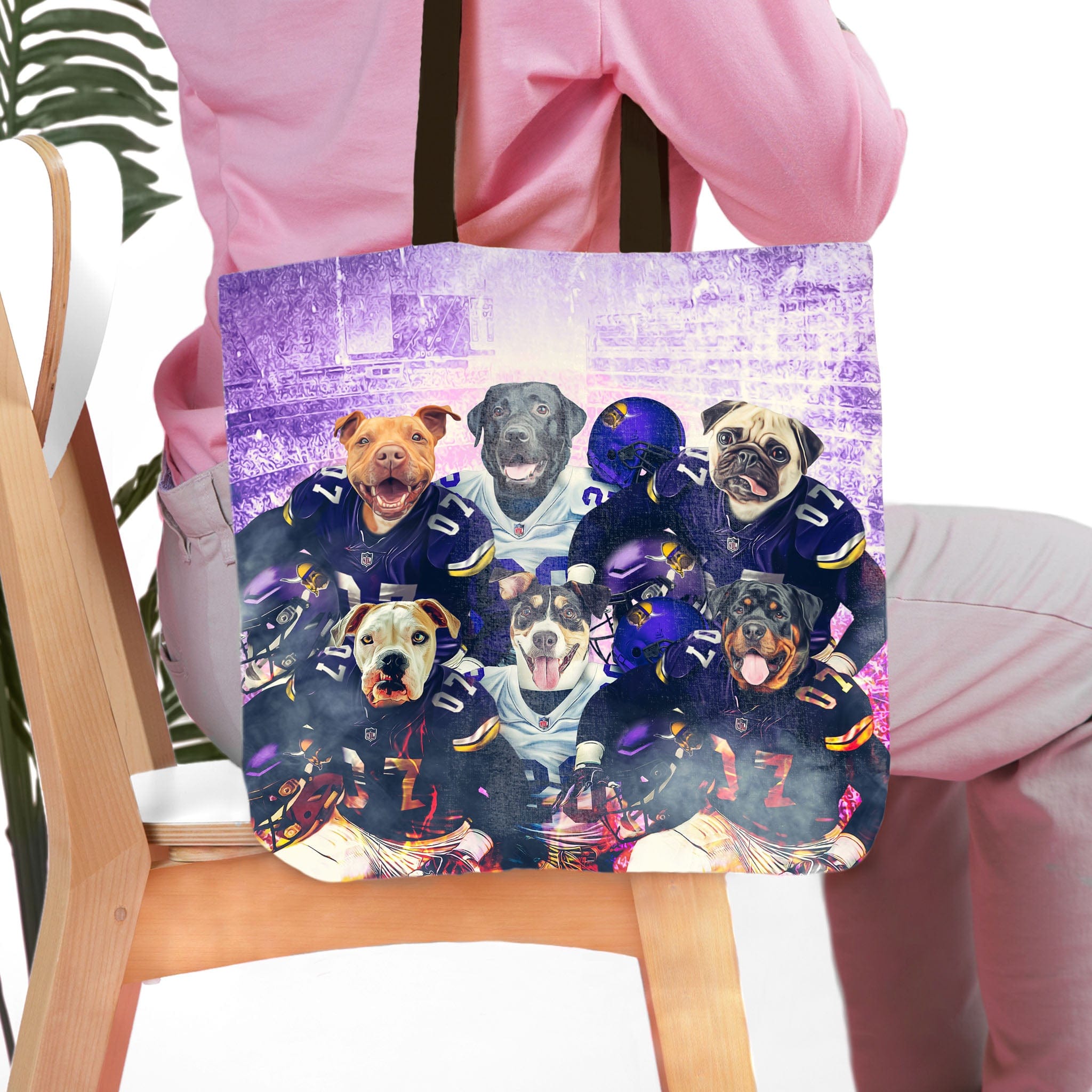 Personalized 6-pet dog portrait tote bag with dogs in Minnesota Vikings football uniforms.