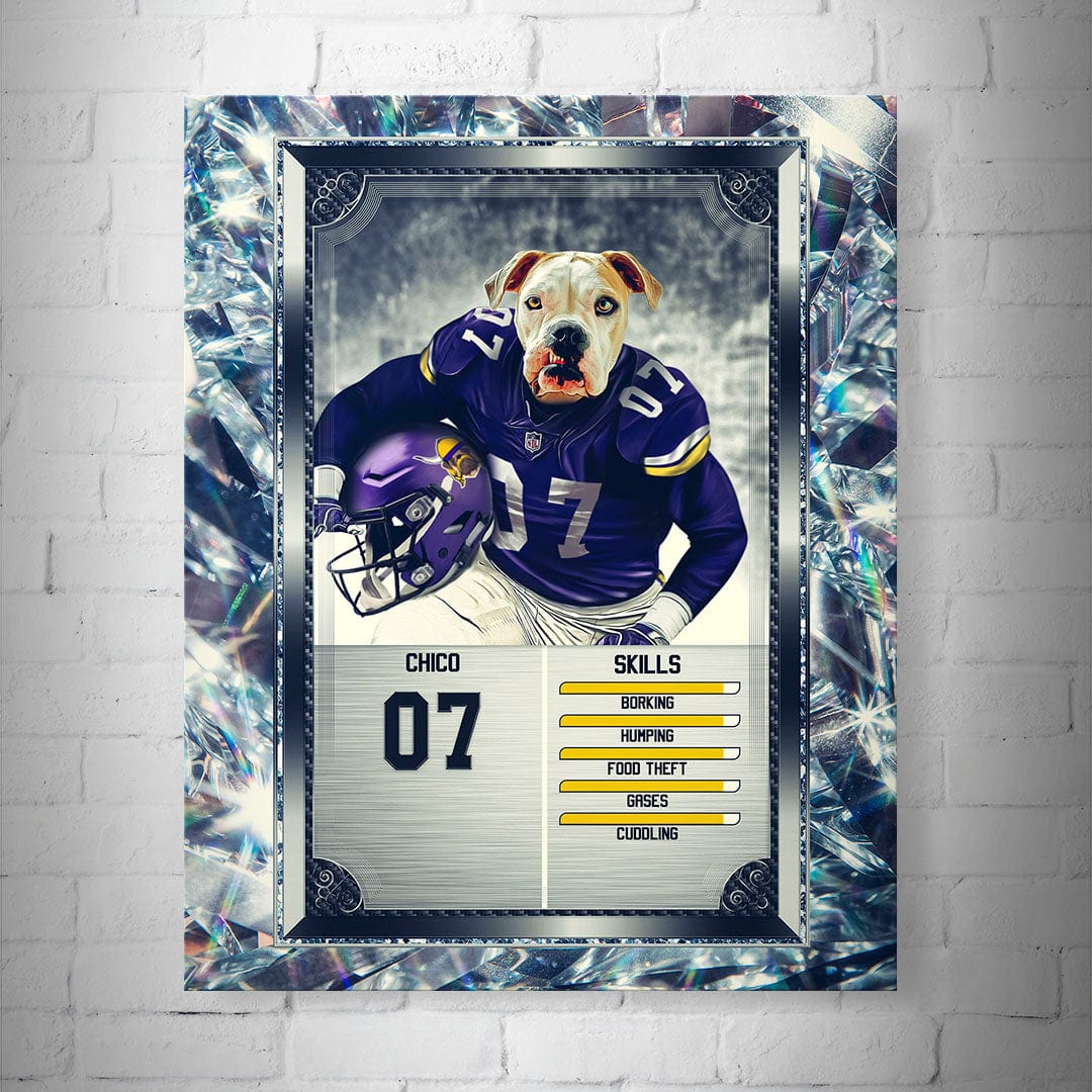 Personalized 8x10" Minnesota Doggos football trading card poster featuring a dog in a purple jersey, framed with a diamond-like border.