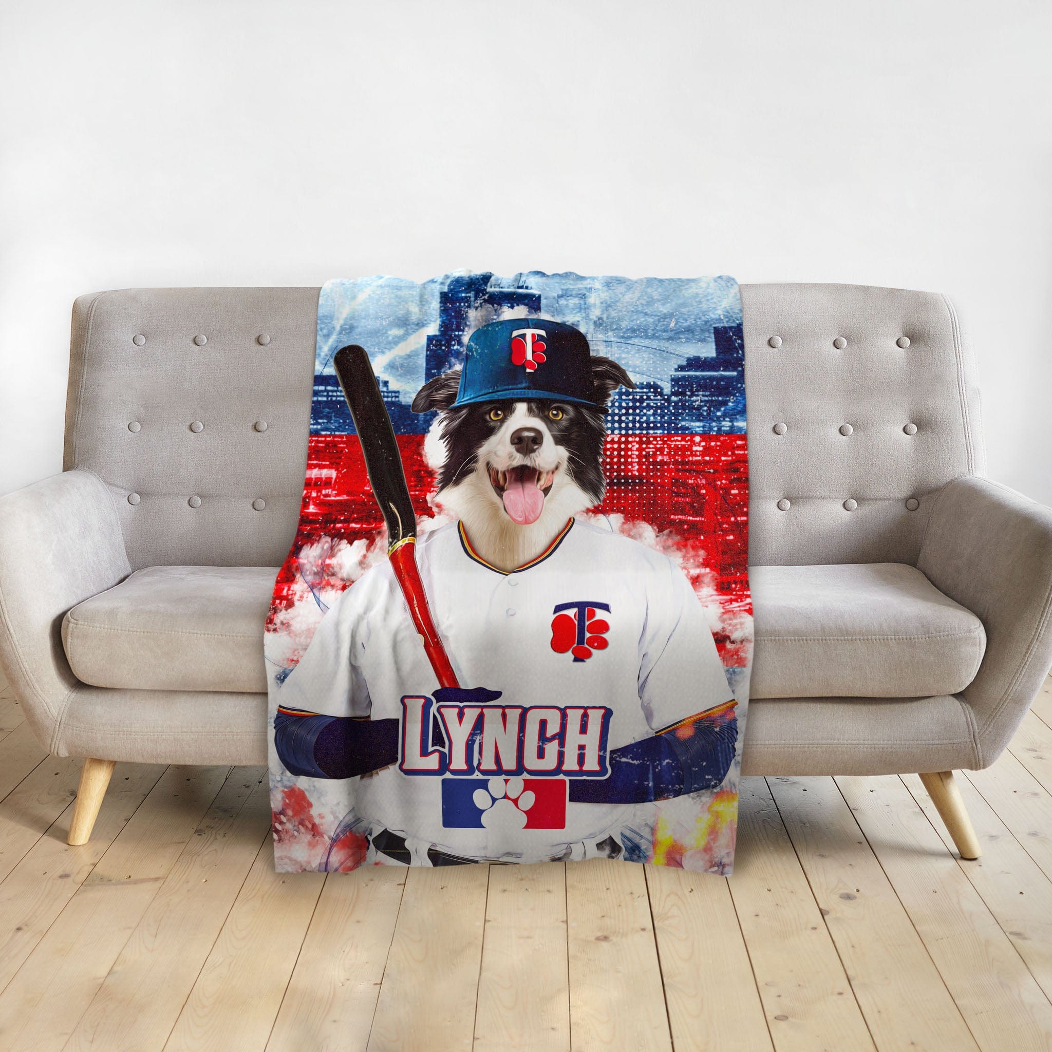 Custom pet portrait blanket featuring a Border Collie in a Minnesota Twins baseball uniform.