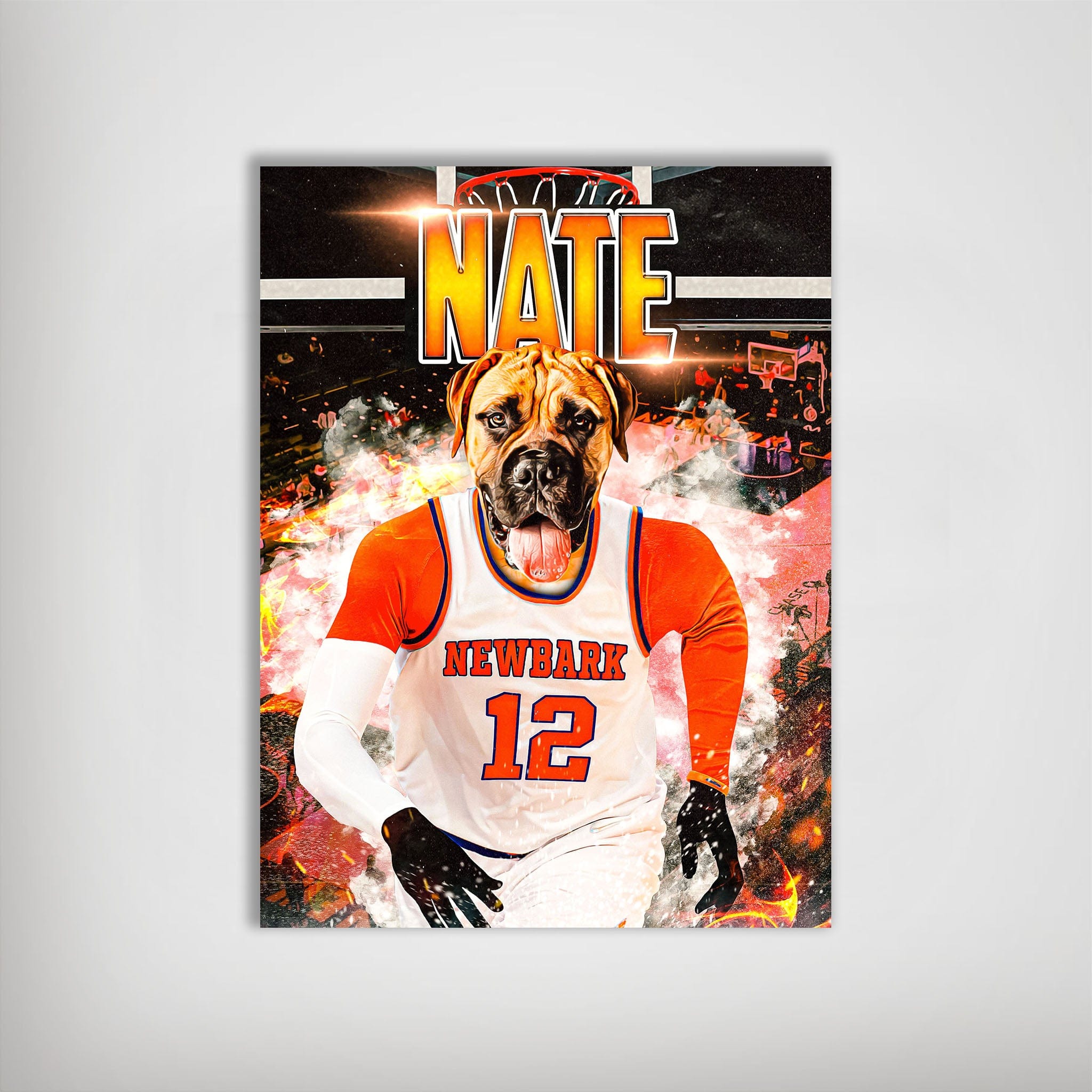 Personalized 'New Bark Knicks' basketball dog poster featuring a Mastiff in an orange and white jersey.