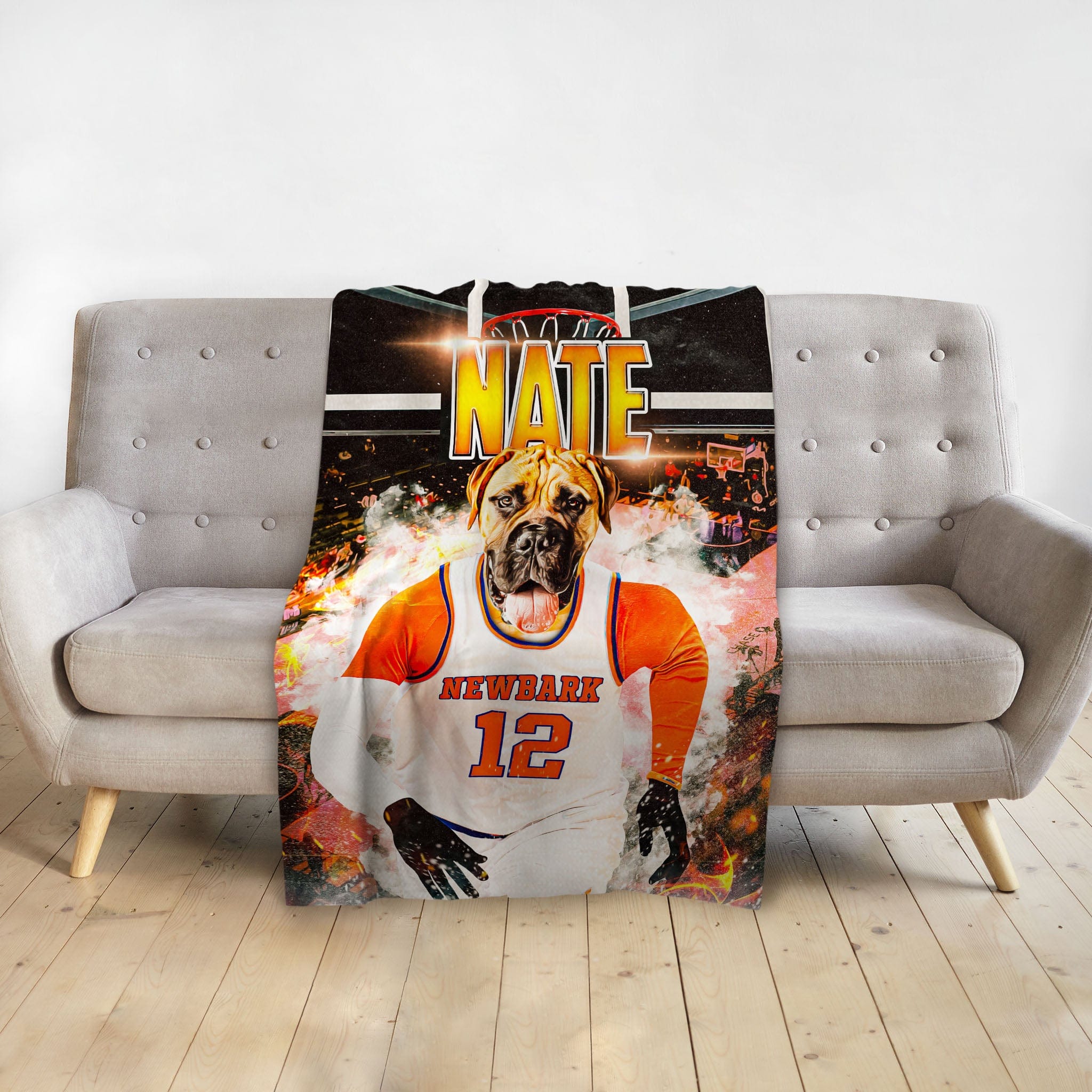 Personalized pet blanket featuring a dog in a custom basketball jersey with "NEWBARK 12" and "NATE.