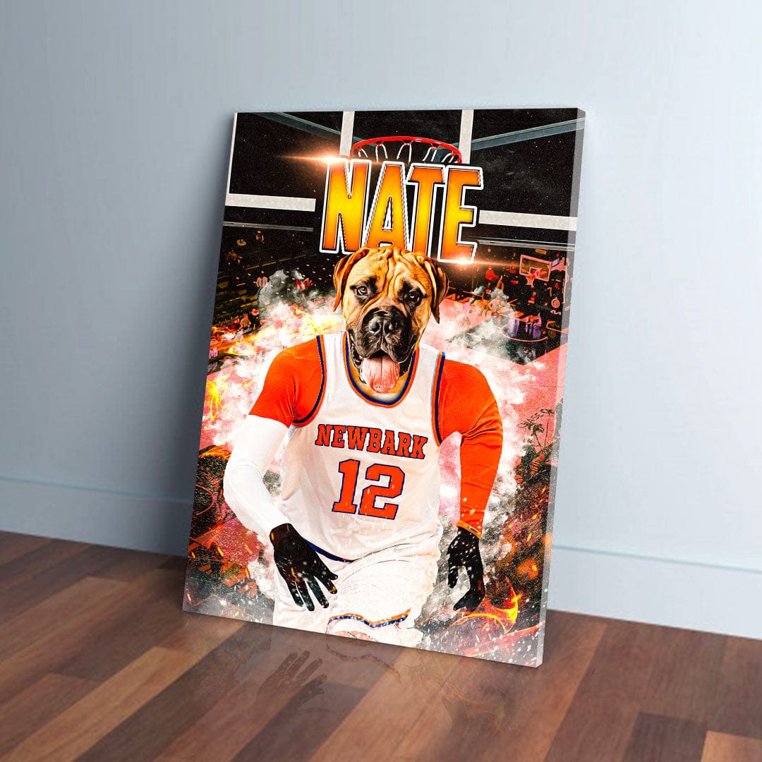 Personalized pet canvas featuring a dog in a white and orange basketball jersey with "NATE" and "NEWBARK 12.