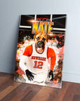 Personalized pet canvas featuring a dog in a white and orange basketball jersey with "NATE" and "NEWBARK 12.