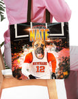 Personalized black tote bag with a custom dog portrait in a basketball jersey.