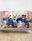 Personalized 3-pet blanket featuring dogs in football uniforms with a red and white watercolor background.