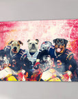 Personalized 3-pet canvas featuring dogs in New England Patriots football uniforms against a stadium backdrop.