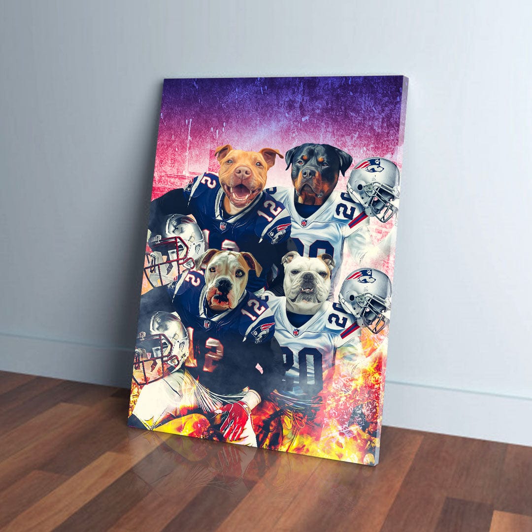 Personalized 4-pet canvas featuring dogs in New England Patriots football uniforms against a vibrant background.