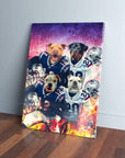 Personalized 4-pet canvas featuring dogs in New England Patriots football uniforms against a vibrant background.