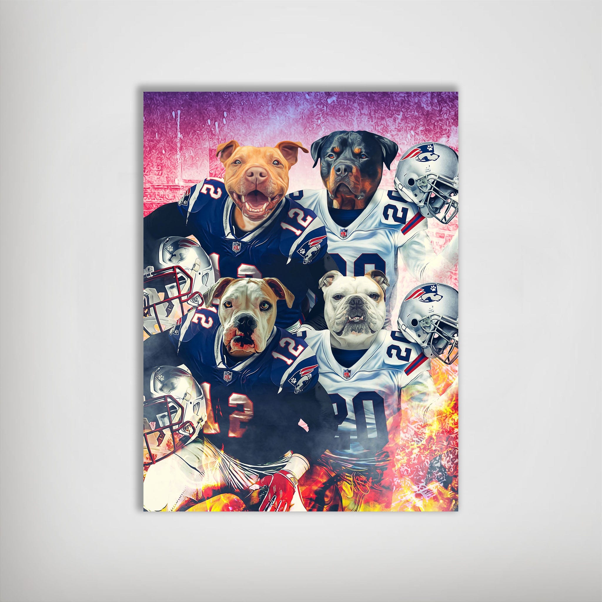 Personalized 'New England Doggos' poster featuring four pets in football jerseys with helmets.