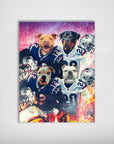 Personalized 'New England Doggos' poster featuring four pets in football jerseys with helmets.
