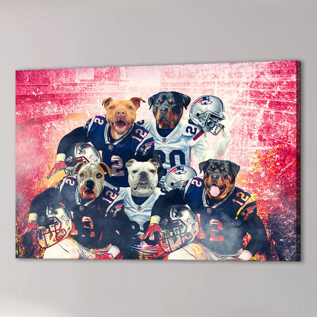 Personalized 5-pet canvas featuring dogs in New England Patriots football uniforms against a stadium backdrop.