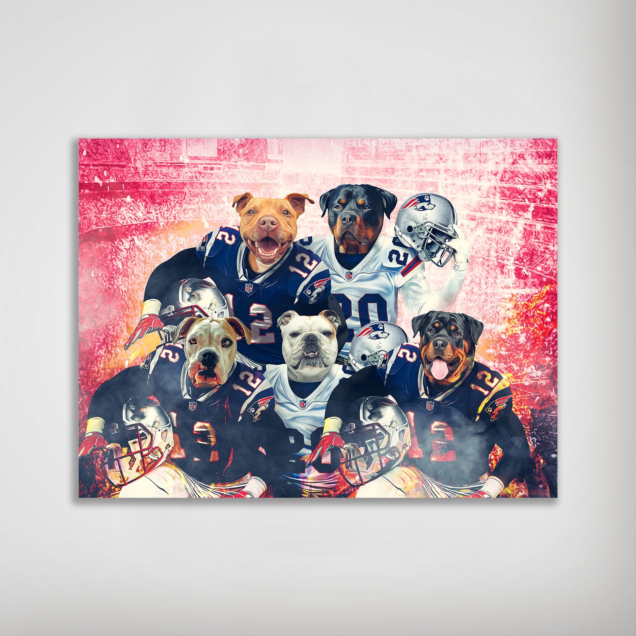 Personalized poster featuring 5 dogs dressed in New England Patriots football uniforms against a stadium backdrop.
