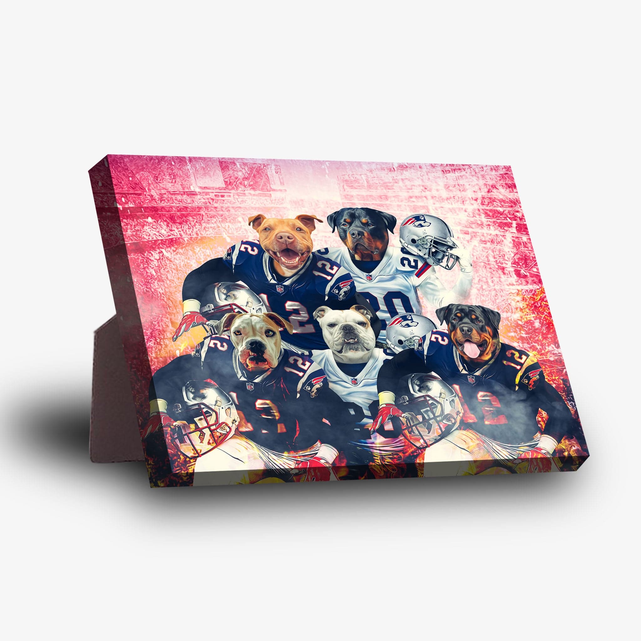 Personalized 5-pet standing canvas featuring dogs in New England Patriots football uniforms against a red background.