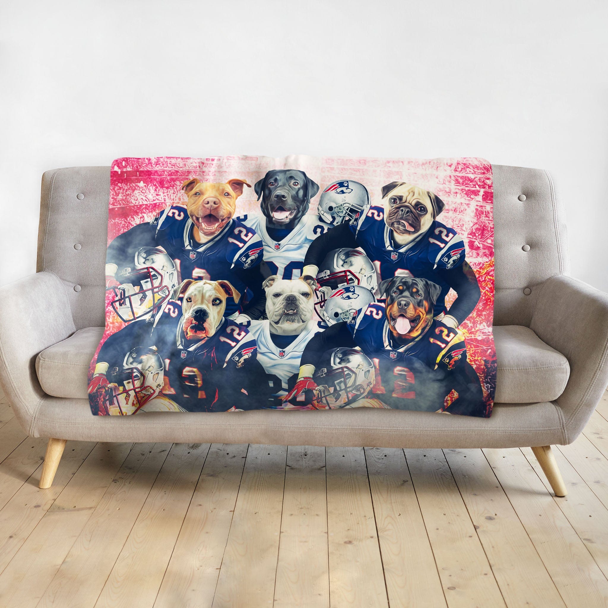 Personalized pet blanket with six dogs in New England Patriots football uniforms.